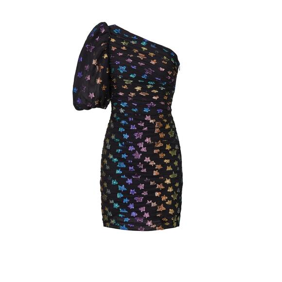 Shoshanna Ronnie Starry Night Black Rainbow Metallic Star One Shoulder Dress 6 - Picture 6 of 16